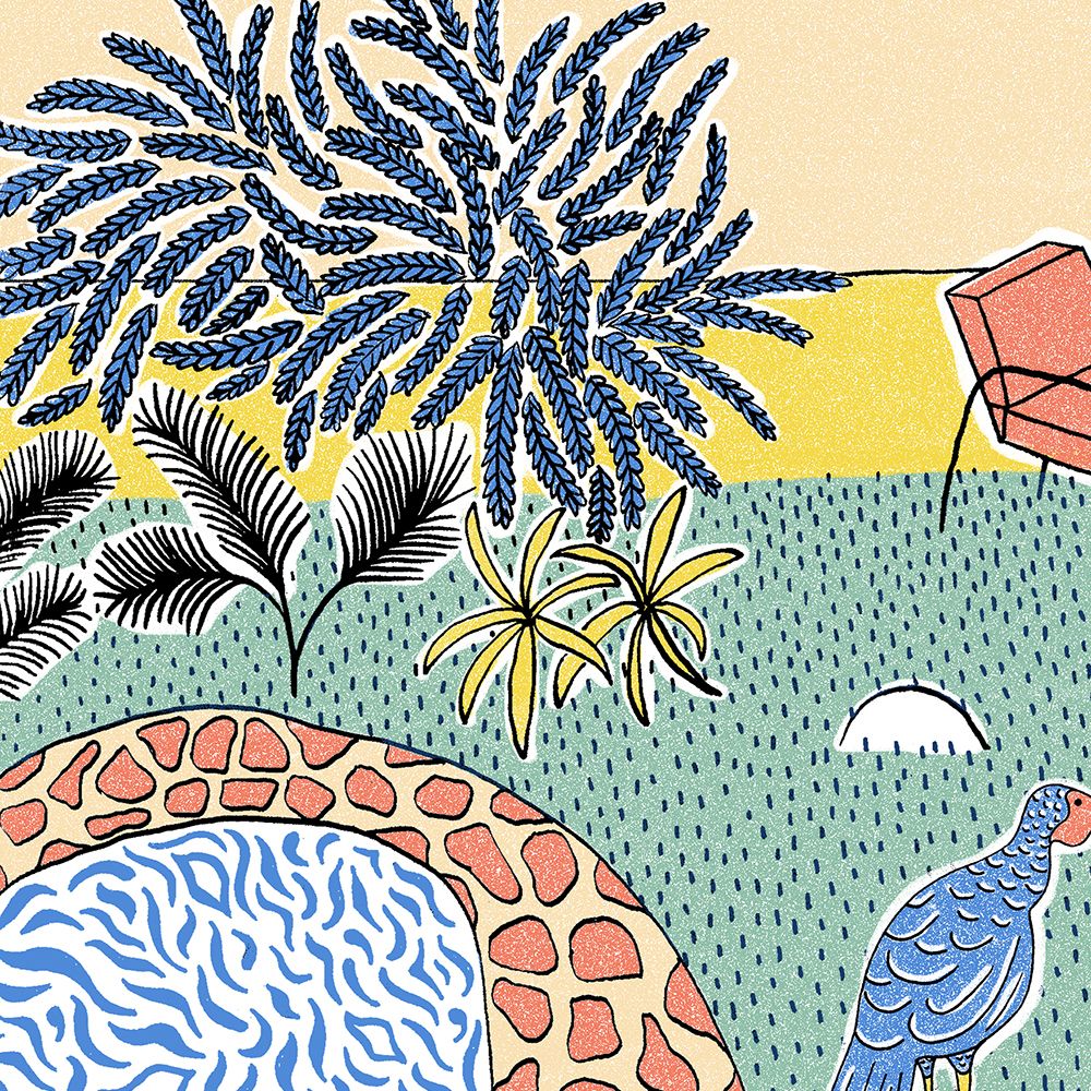 Illustration of a tropical garden scene.