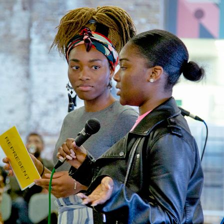 Two black female speakers at the CSM Zine 1 launch at UAL in 2019