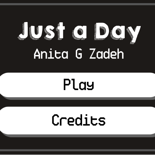 image of game with play and credits button. black background with white buttons.