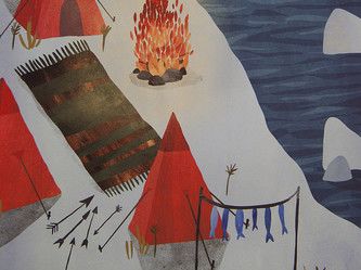 Painting of an arctic-type setting with tents and a fire on snow next to the sea which has lumps of ice