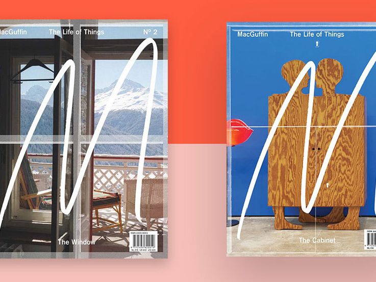Three covers of MacGuffin Magazine photographed against a red and pink background.