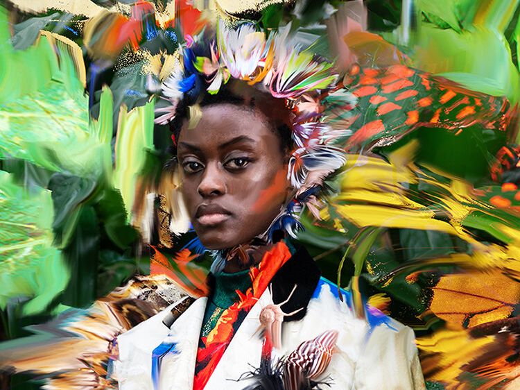 Model wearing colourful clothes