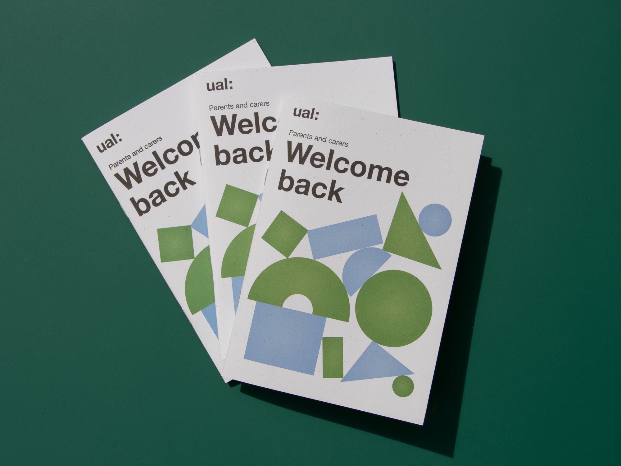 A stack of booklets fanned out on a green background. The cover of the booklet features a range of shapes in blue and green.