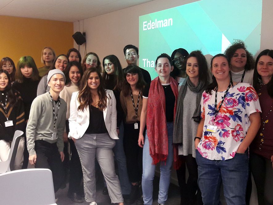A class of students on the MA Public Relations course are photographed at Edelman London.