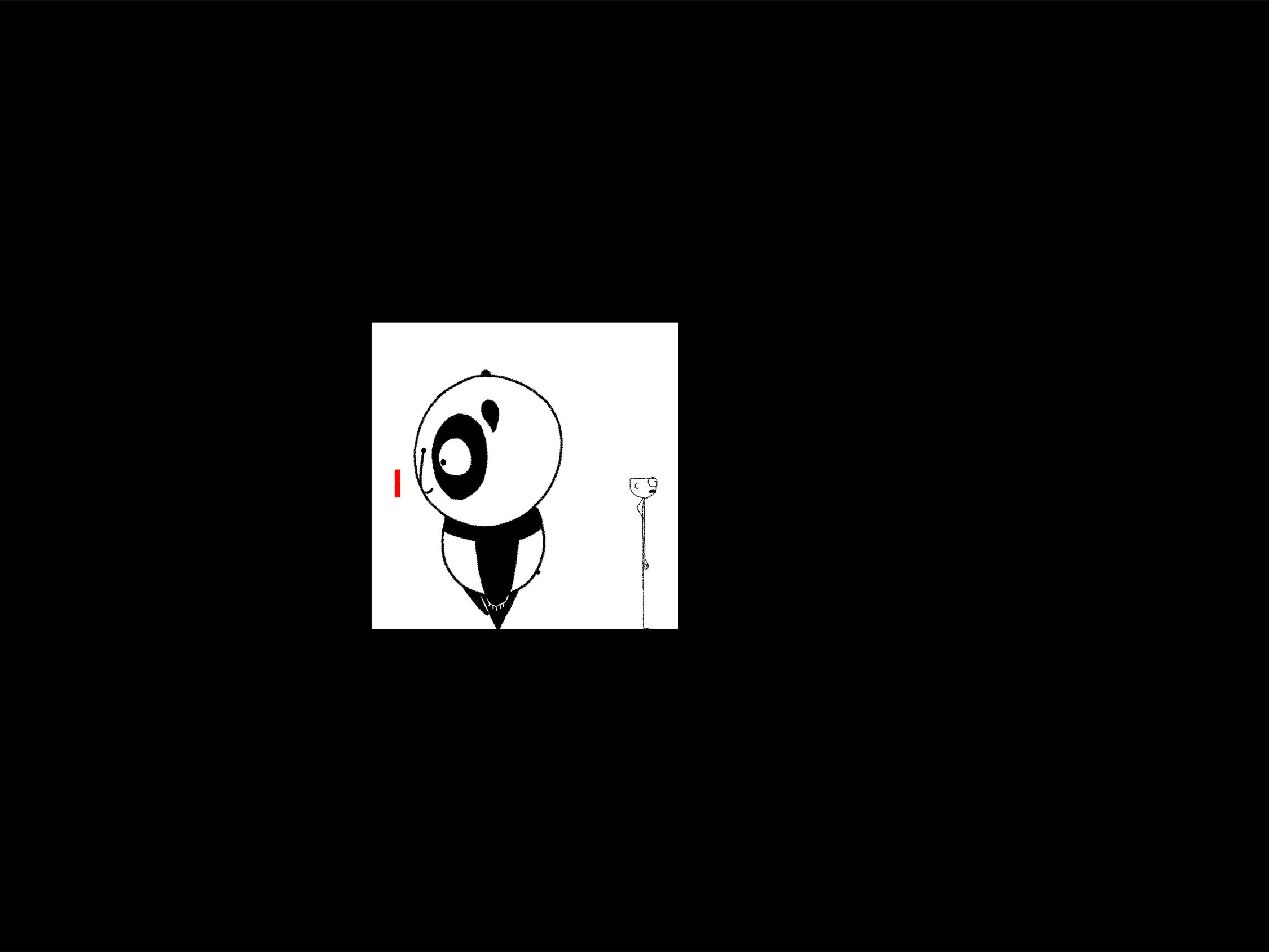 Still from animation, with illustrated panda and illustrated stick man facing away from each other
