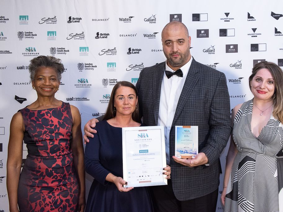 Ballers Academy manager Jamie accepting an award for Contribution to the Community at Southwark Business Excellence Awards 2019