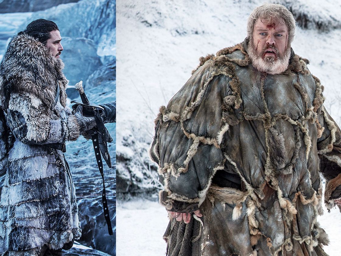 Three different characters from tv series game of thrones wearing different costumes in the snow