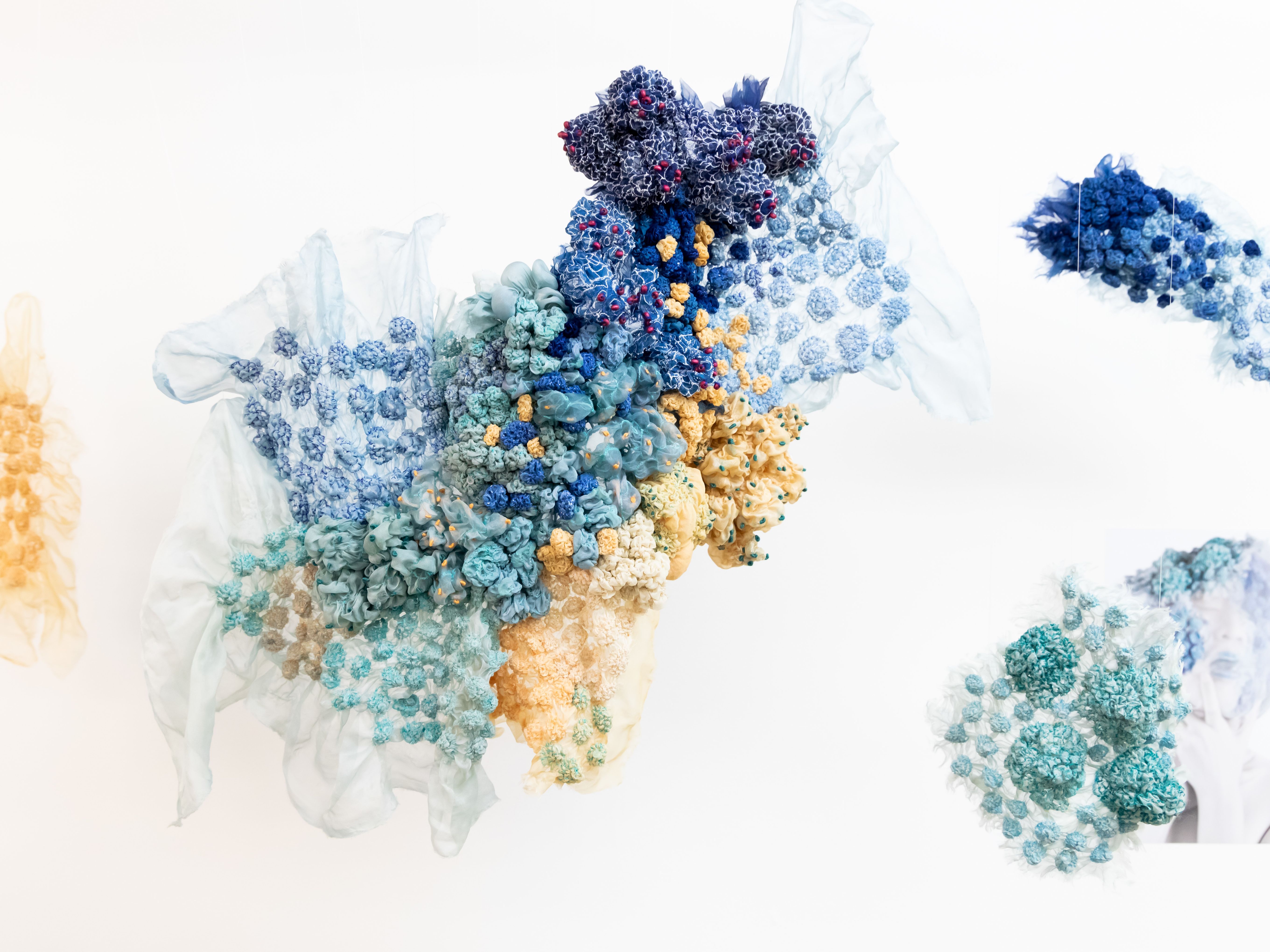 Installation by Sarah Trowsdale with different types of fabric hanging from the wall
