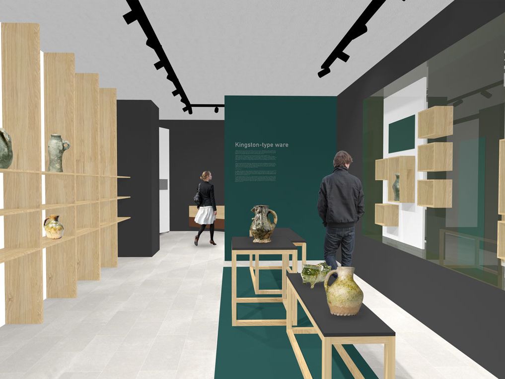 design mockup of a musem with shelving and people