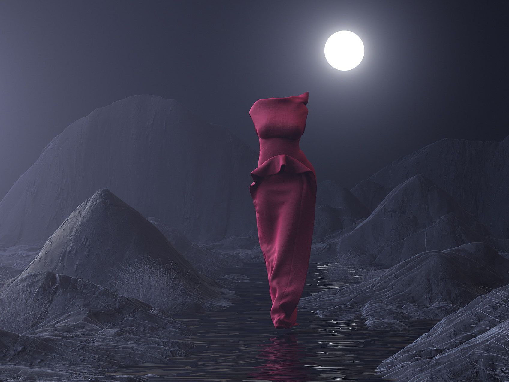 3D graphic of fashion garments walking as if worn by models through a barren futuristic landscape