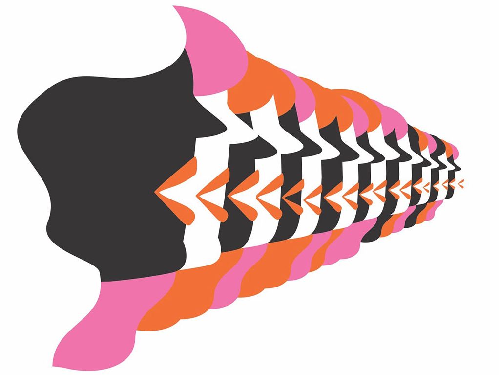 A graphic image of abstract heads, coloured in pink, orange and black, receding in a regular pattern into the background.