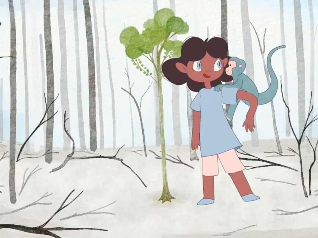 Animated still of a girl and a monkey planting a tree.