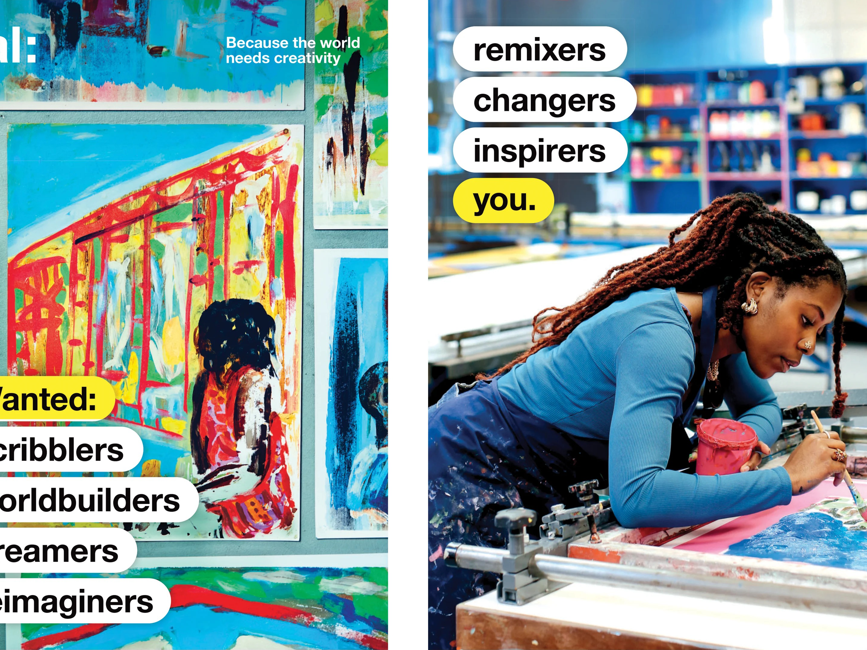 Front and back cover of UG prospectus, with the back cover showing a student painting the piece that’s shown on the front cover. The words on the front cover read “Wanted: scribblers, worldbuilders, dreamers, reimaginers” while the back cover reads “remixers, changers, inspirers, you.” 