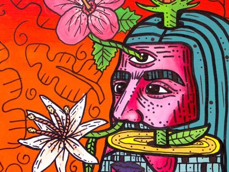 Brightly coloured painting of a man with long hair surrounded by flowers
