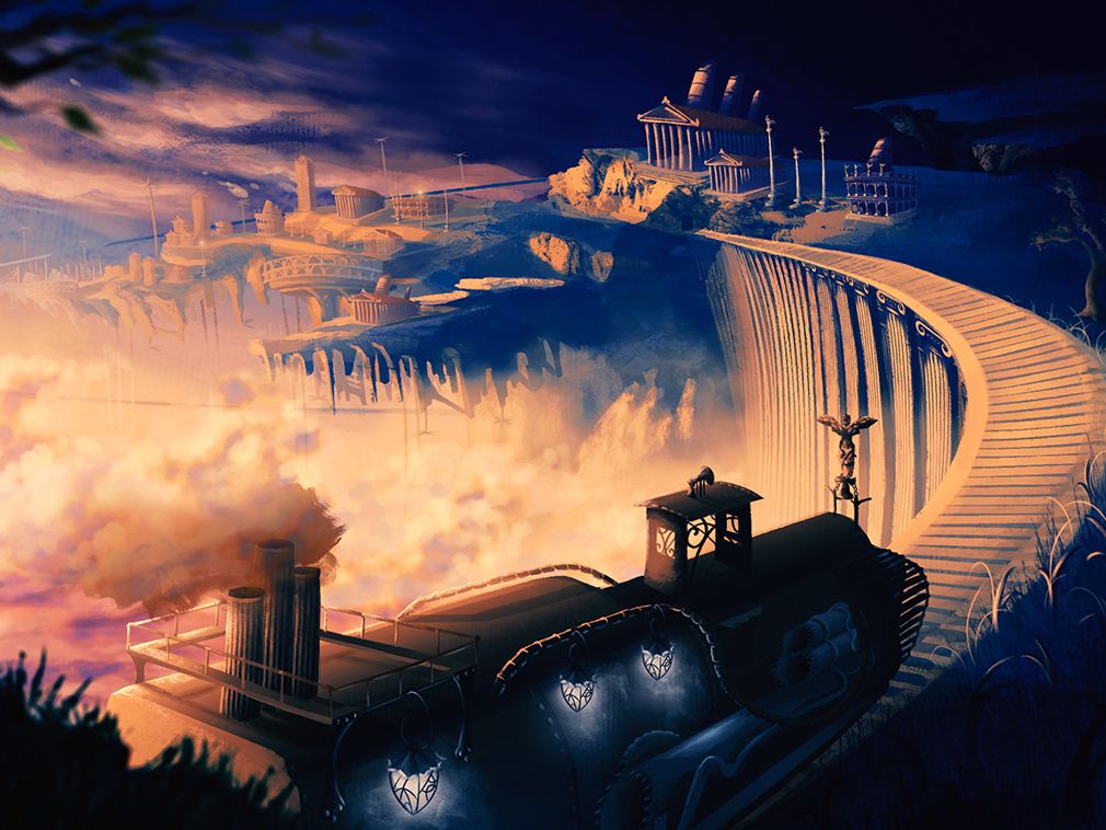 Concept art of a train travelling to Greco-Roman architecture