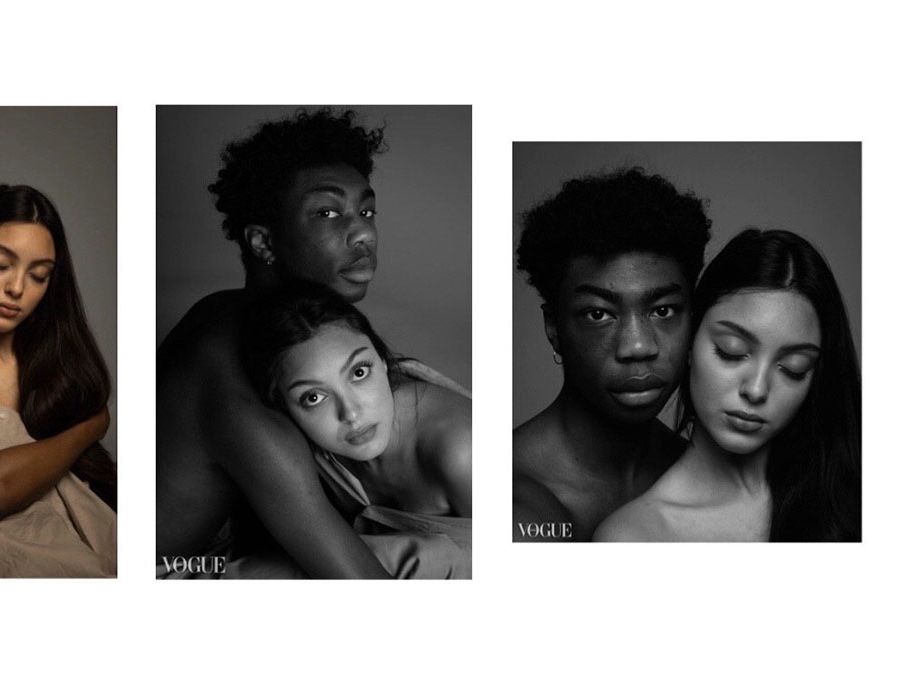Three photographs of a man and a woman posing in gentle colours, reminiscent of Daphne and Apollo.