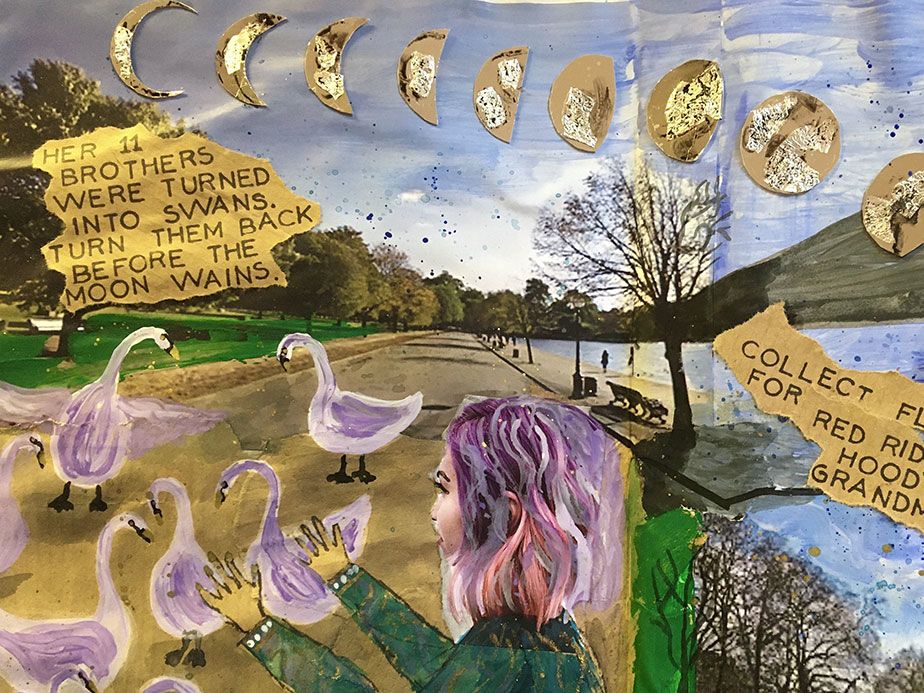 A collage of swans, flowers and blue skies.