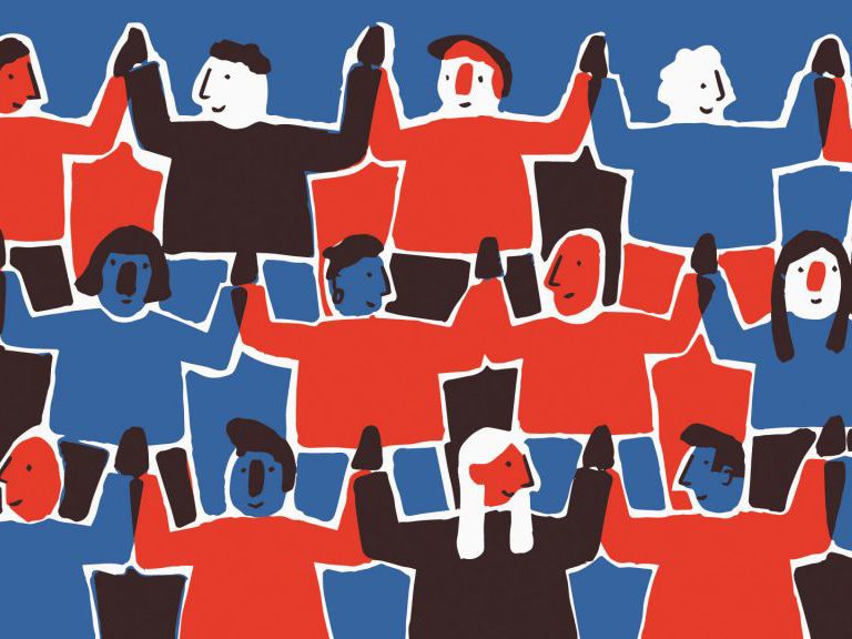 A red and blue graphic which illustrates figures holding hands, representing the theme of collaboration.