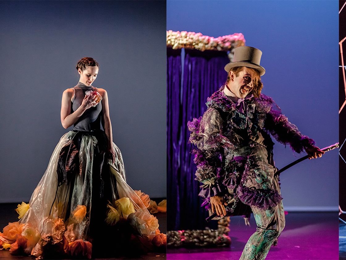 Various costumes designed by LCF students from MA Costume Design for Performance