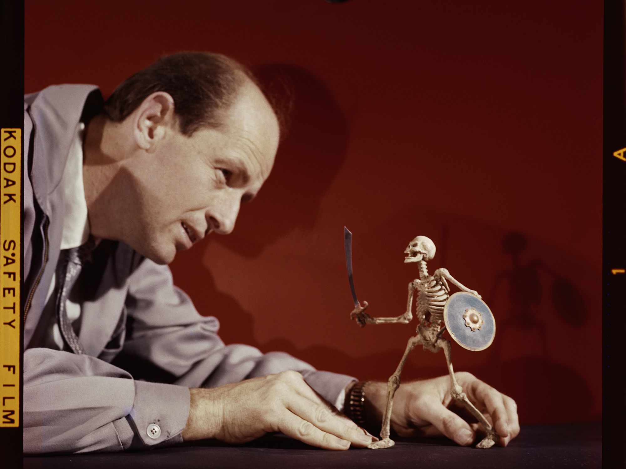 Ray Harryhausen (1920-2013)​ animating a skeleton model from The 7th Voyage of Sinbad, 1958​ © The Ray and Diana Harryhausen Foundation​.