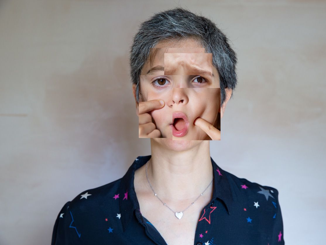 Photograph of a woman with mouth open