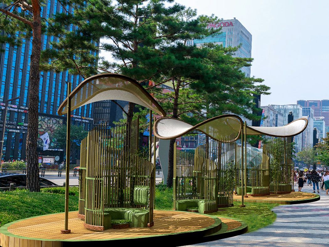 Concept art of a bamboo calm zone in a busy city centre.