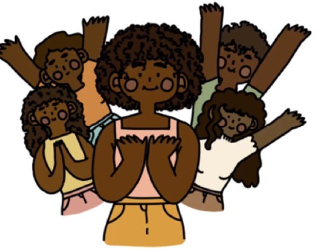Still of cheering women from an animated film.