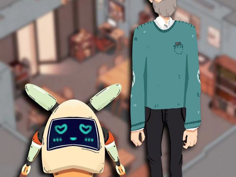 A collage-style image representing a man and his robot.