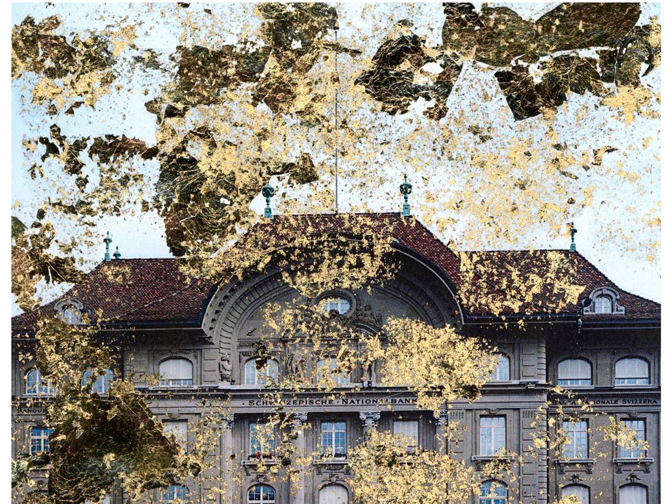 Photo of a historic building with gold layered over the image.