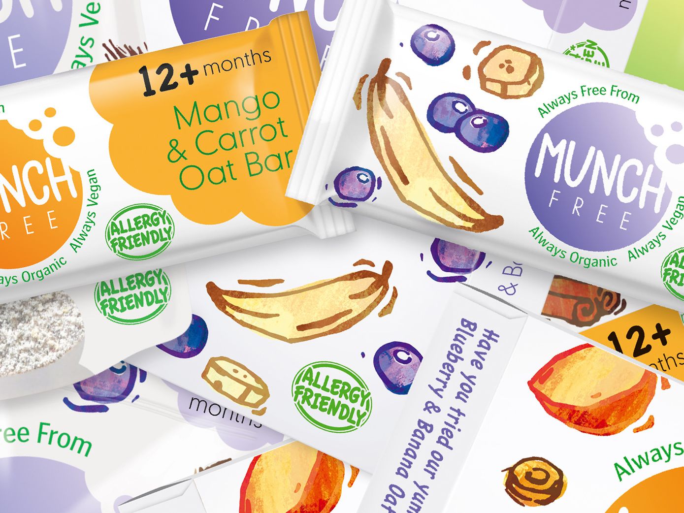 A promotional image of the Munch Free children's snack range.