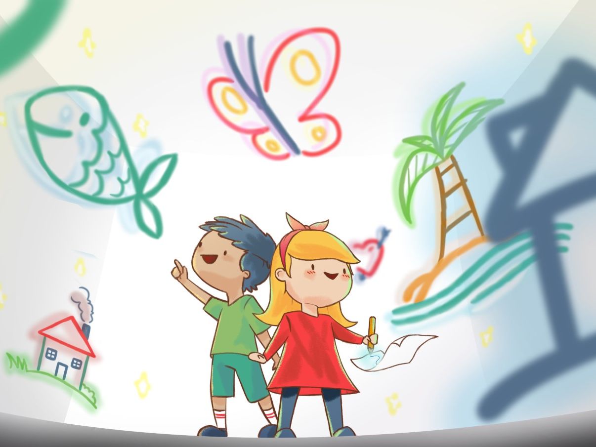 Boy and girl viewing drawings of houses, fish and palm trees.