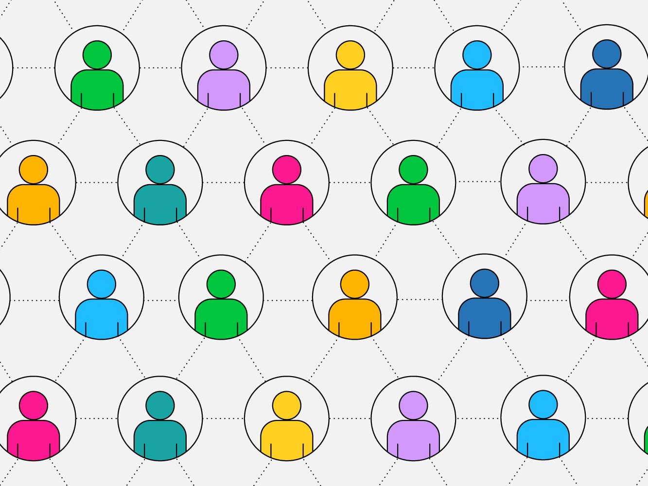 Graphic illustration with colourful shapes of people in white background
