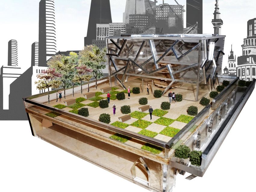 3d cityscape design with London landmarks and a central chequerboard design