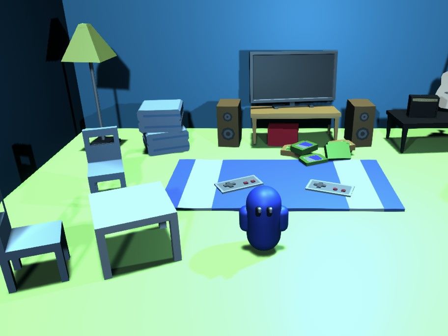 Still from Found Guys VS game featuring a television, games, and a character from the game.