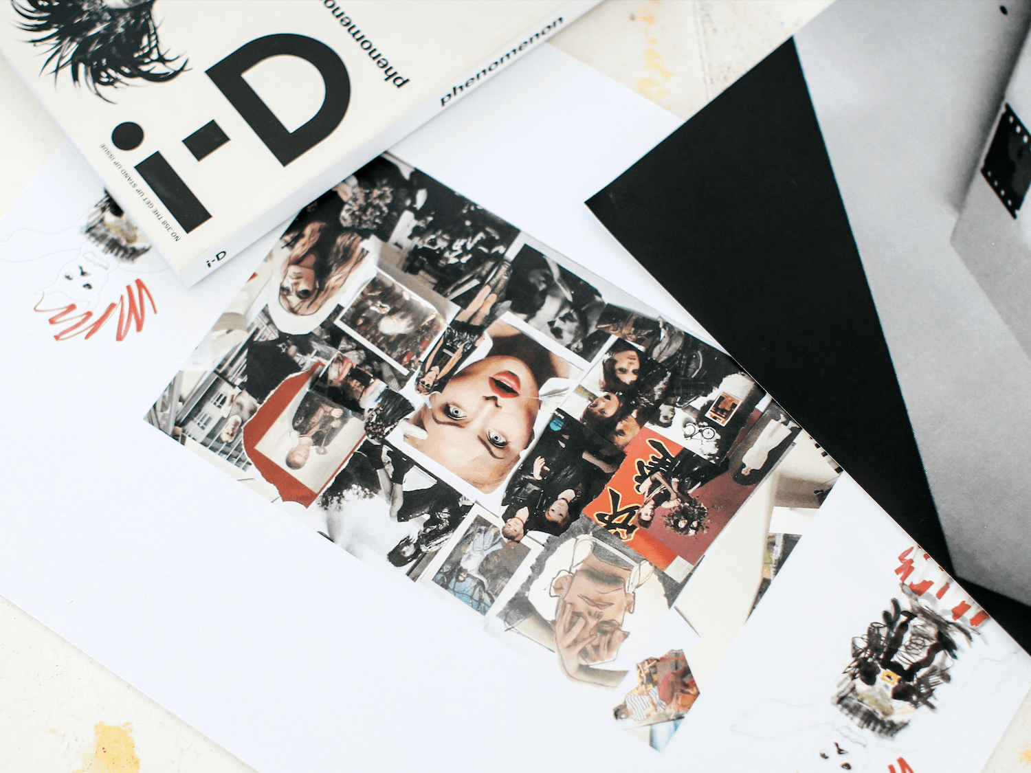 Flat lay of magazine, next to a collage of fashion themed images including a models face and fashion style photographs