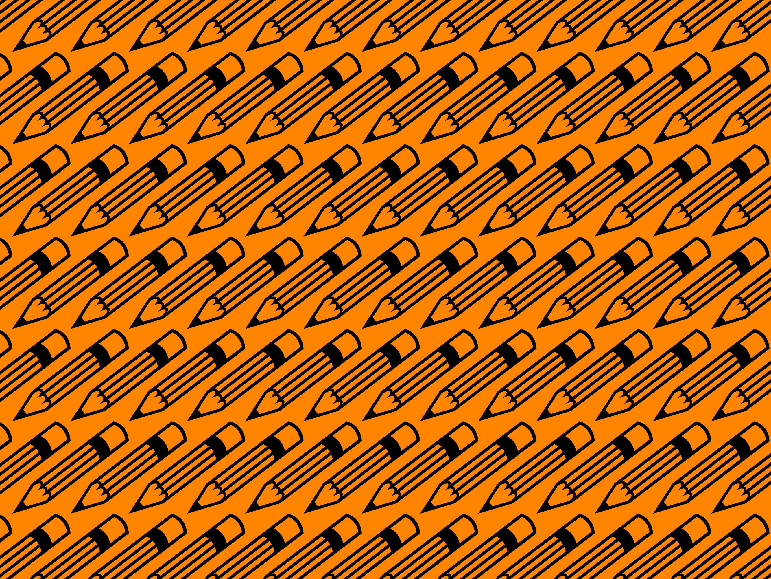 An orange graphic filled with pencil symbols.