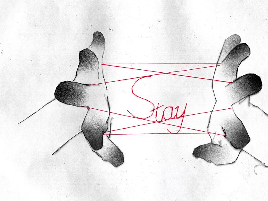 Illustrated film still of two hands playing cat's cradle.