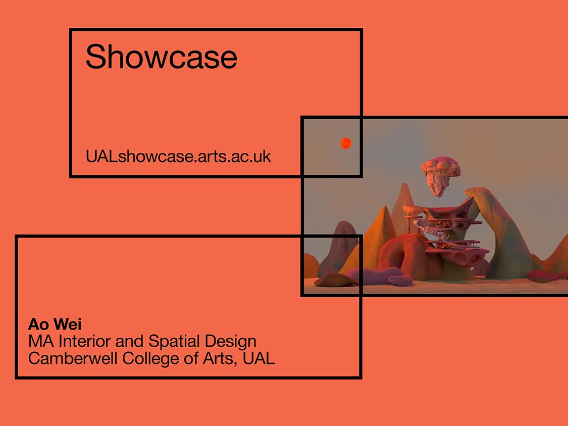 UAL Showcase digital banner with orange background, featuring work by Ao Wei, 2023 MA Interior and Spatial Design, Camberwell College of Arts, UAL