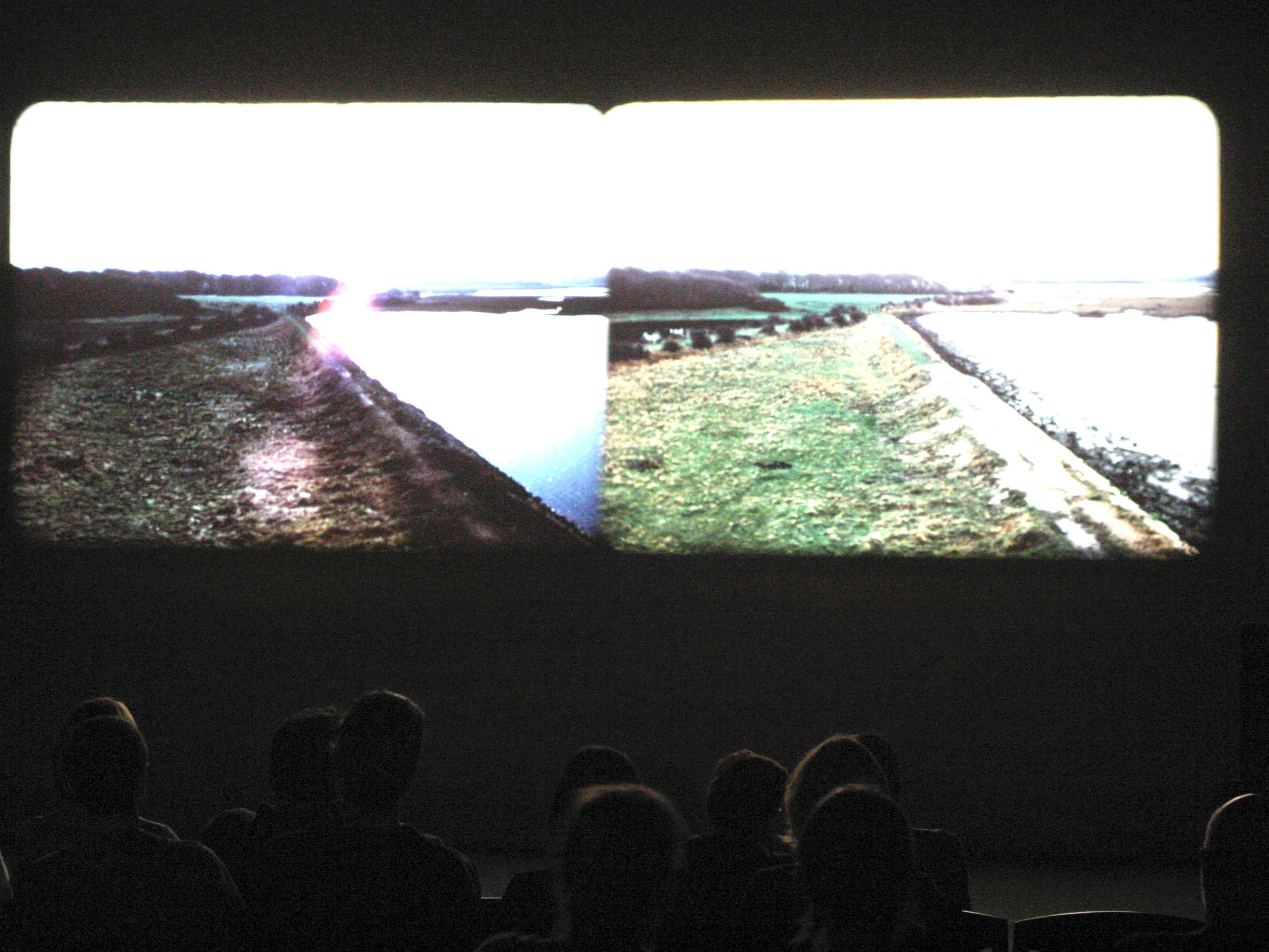 Movie still of people in a cinema watching the film, River Yar.