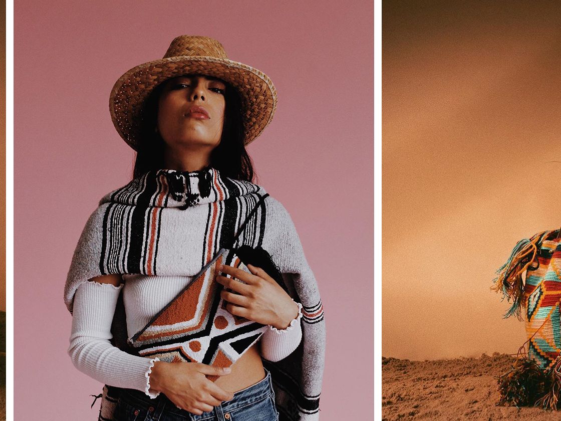 Models posing with traditional bags and hats from Venezuela