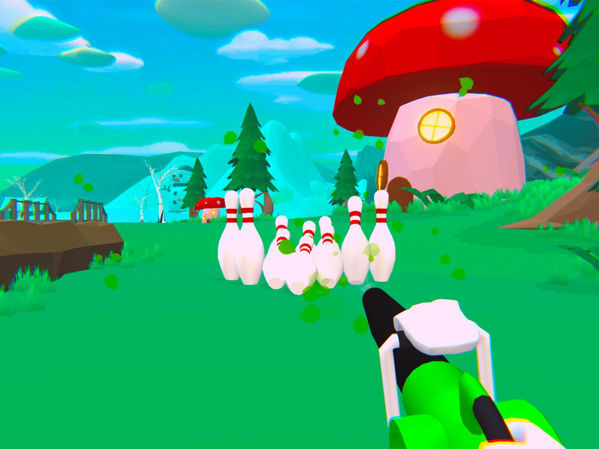 A still of Will it Golf, set in a forest-themed level.