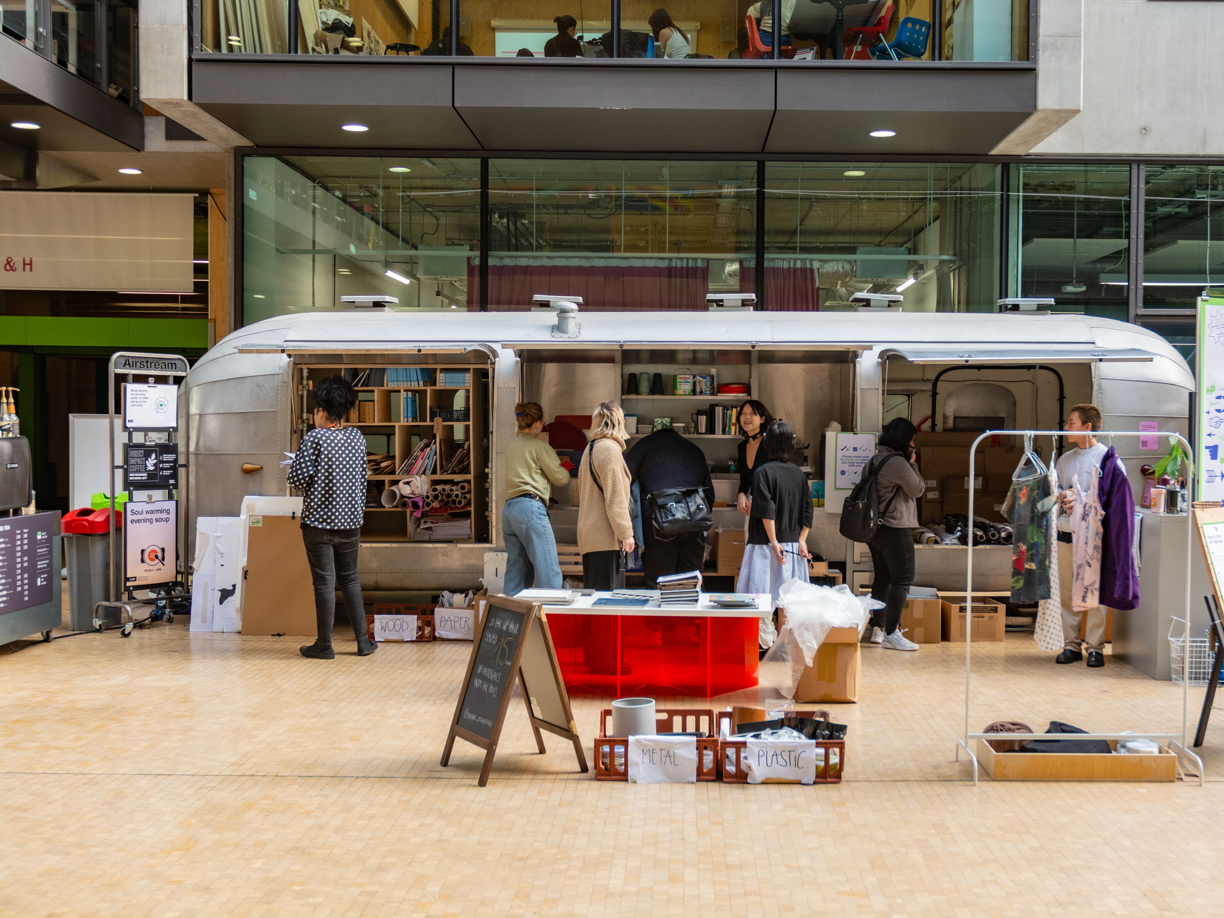 an air stream with students milling around