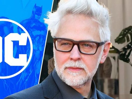 James Gunn, a man with white hair and glasses, imposed over a graphic showing the DC Comics logo and characters such as Superman and Batman.