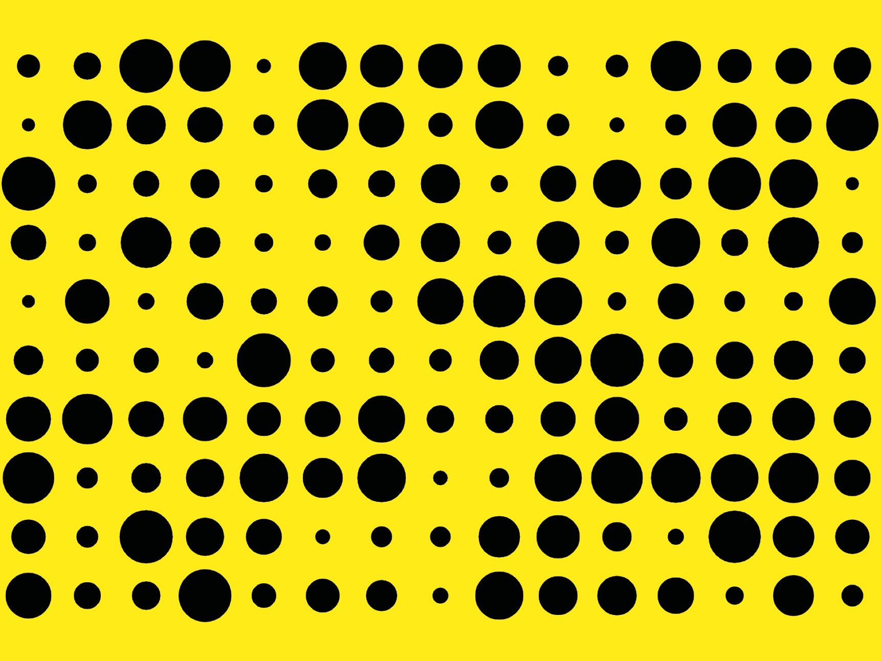 Graphic with bright yellow background and various different sized black dots 