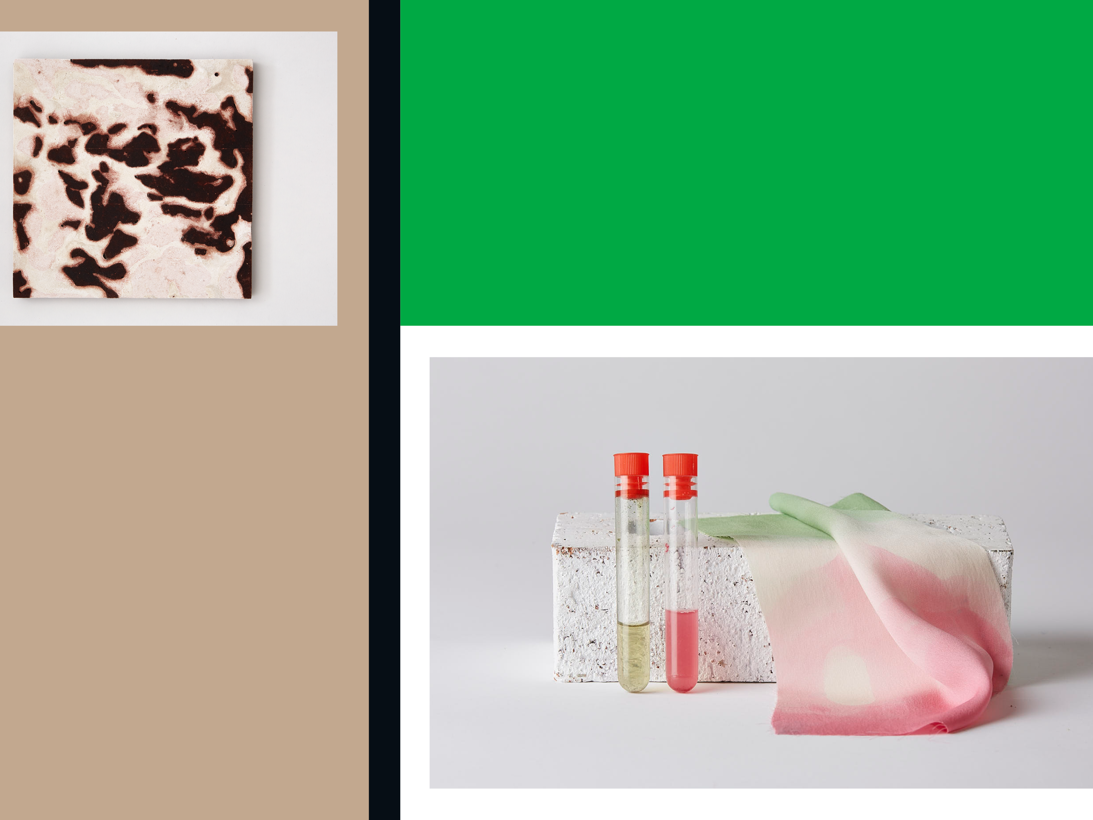 Composite image with green and brown blocks and two images of work (one brown tile and one red material with glass vials)