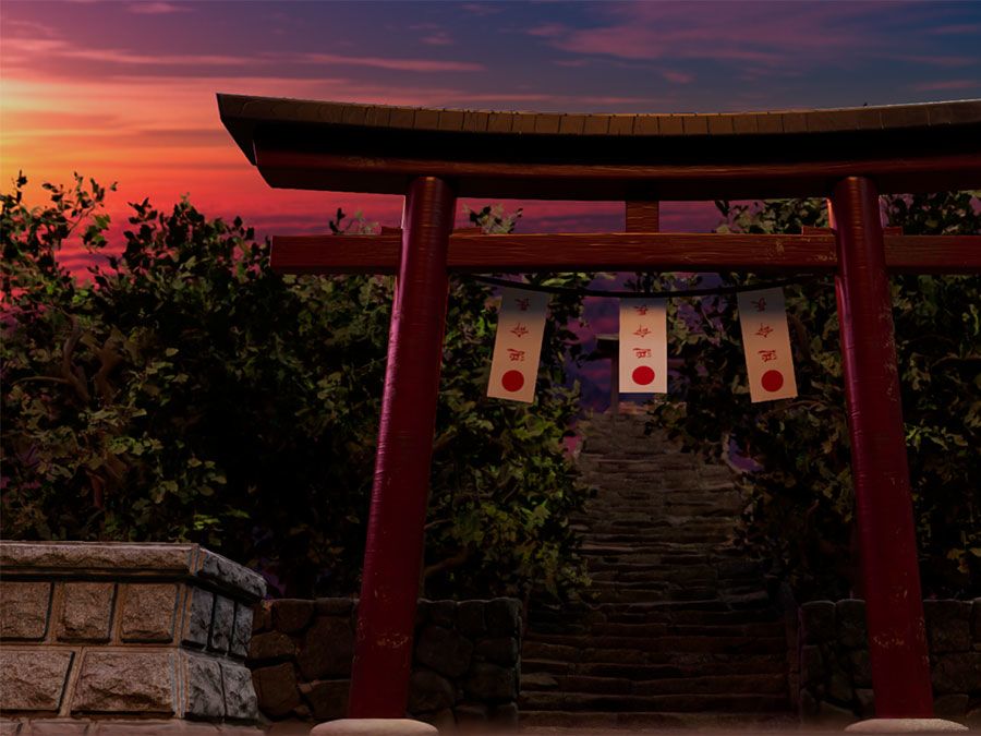 Still of a Japanese gate graphic.