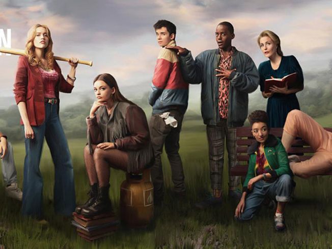 A promotional banner featuring the cast of the Netflix series, Sex Education.