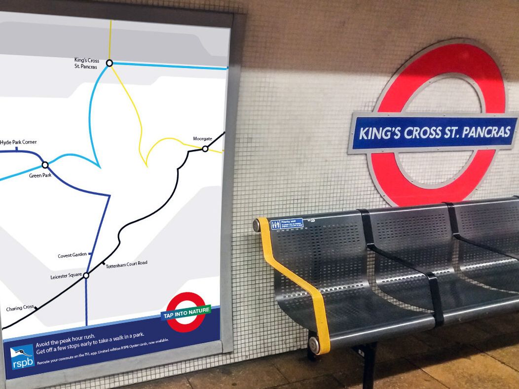 A Tube map concept shaped like a bird is mocked up at King's Cross Underground.