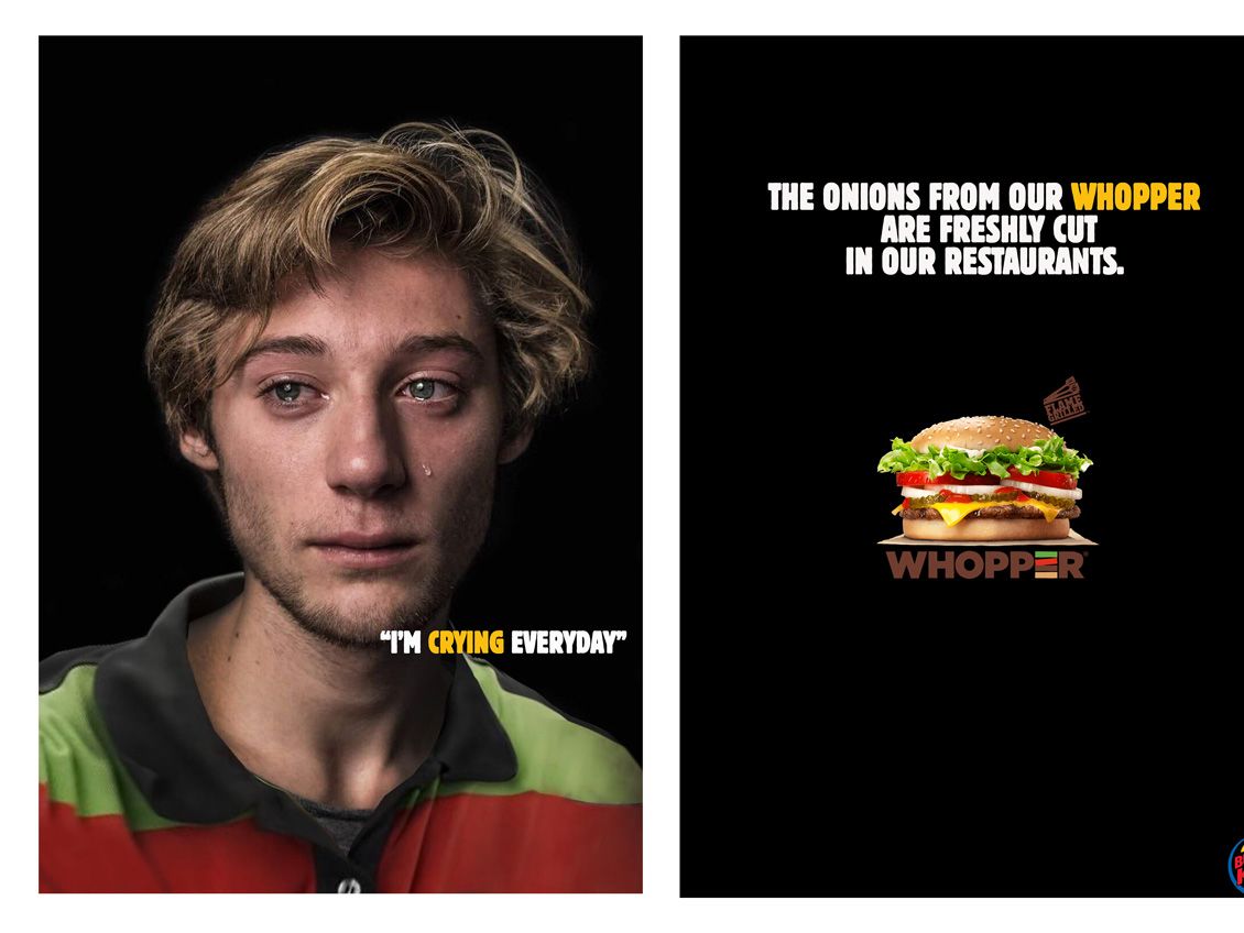 Two posters for Burger King. Left has a photo of a crying employee with the caption 