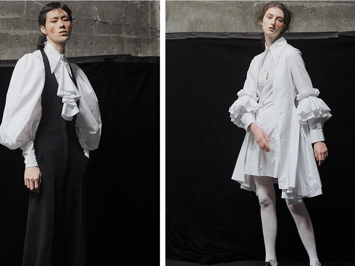 Models wearing white pleated shirting